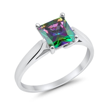Solitaire Princess Cut Simulated Rainbow CZ Wedding Ring 925 Sterling Silver